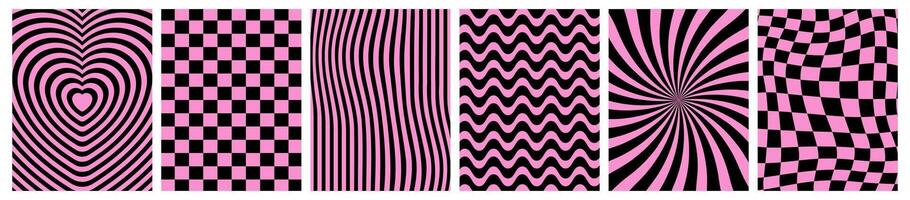 Collection of groovy hippie backgrounds in pink, black colores. Twisting, heart tunnel, psychedelic checkerboard backdrop, distorted posters, templates. vector