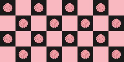 Retro checkered black and pink seamless pattern with seashells. Modern design background for backdrop for textile, wrapping paper, fabric, cover, wallpaper, print. vector
