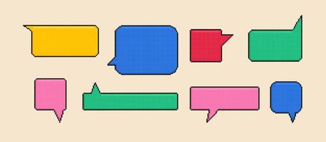 Collection of multicolored pixel speech bubble for game art. Retro icons, empty rectangular chat templates. vector