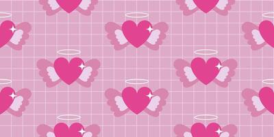 Heart with nimbus and angel wings y2k seamless pattern. Trendy retro design background. Nostalgic 90s, 2000s illustration for textile, wrapping paper, fabric, wallpaper, cover vector