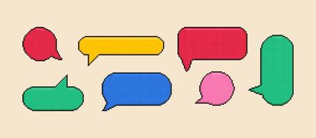 Multicolored pixel speech bubbles set for game art. Stickers, empty round dialogue cloud templates. vector