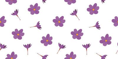 Seamless pattern with elegant purple crocuses on a white background. Spring-themed design background. Floral fabric print, flowers wallpaper, textile design. vector