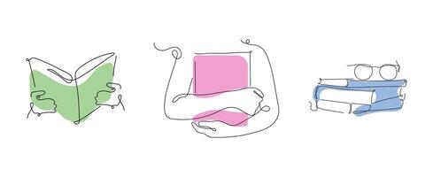 Set of outline, contour studying elements. Continuous line drawing of open book, girl holding a book, glasses on the books. One line style concept art illustration. vector