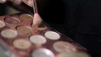 une maquillage palette est utilisé avec brosse, une outil et c'est le meilleur façon à faire art sur notre affronter. en utilisant produits de beauté couleurs. video