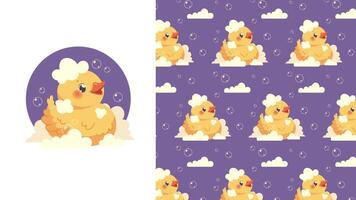 Seamless pattern with cute yellow duckling. Duck in bubbles for kids. Fabric swatch, packaging, for design vector