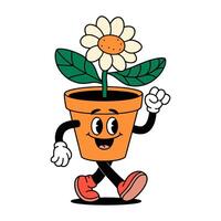 A cartoon character is walking in a pot with a flower. The character is smiling and he is happy vector