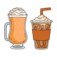 Two autumn drinks with whipped cream, style, on white background vector