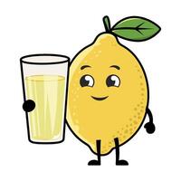 cartoon lemon character holding juice lemonade glass. Flat style, white background vector
