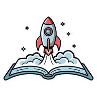 flat illustration of rocket is launching from an open book vector