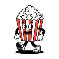 cartoon character is walking down the street with a popcorn bucket, retro doodle style vector
