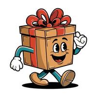 A cartoon gift box character with a red bow walking on a white background. Concept of surprise vector