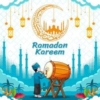 Ramadan kareem poster design with drummer illustration and background with pattern vector