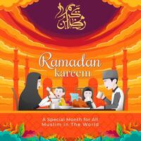 Ramadan Kareem Islamic post design with background of breaking fast atmosphere in the afternoon vector