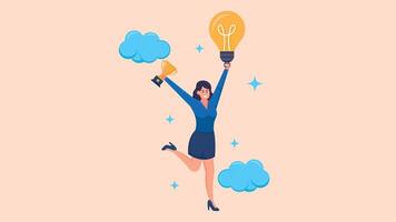 Illustration of a Successful Businesswoman with a Genius Idea. Flying Character Concept Carrying Trophy vector