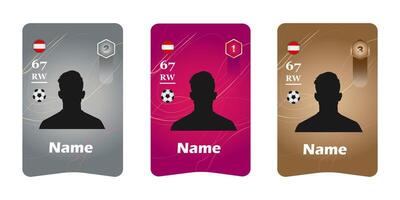 Customizable football player card template with silhouette, rating, position, and national flag. Set of three designs in silver, pink, and bronze colors vector