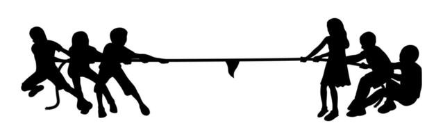 Silhouette of a group of children doing tug of war. vector