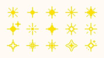 Collection of pixel art sparkling stars. Shining brightly pixelated sparkling retro elements. illustration vector