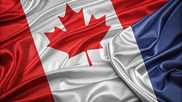 Canadian and French Flags Intertwined with Soft Textures on Fabric Surface photo