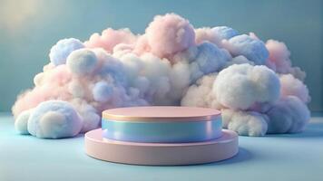 Pastel-Colored Podium with Floating Clouds in Abstract Display photo
