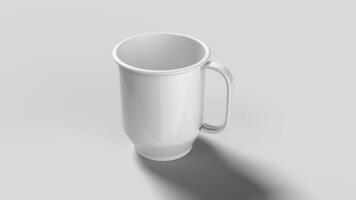 Tilted white mug on white backdrop, handle view photo