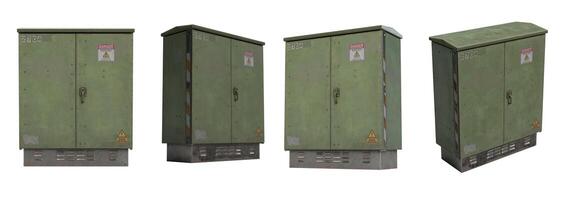 4 green high voltage power boxes with warning on white background photo
