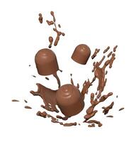 three chocolate truffles jumping on the backdrop with chocolate splash photo