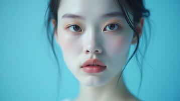 The image features a woman with a serene expression, set against a light blue background. photo