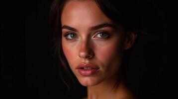 The image showcases a woman with a serene expression, set against a dark background. photo