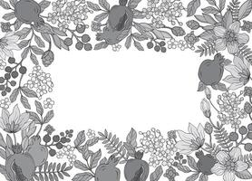 monochrome elegant square frame adorned with Pomegranate Garnet leaf and flowers vector