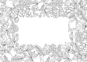 an elegant line art square frame adorned with Pomegranate Garnet leaf and flowers vector