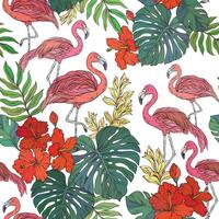 Vibrant colorful seamless tropical pattern with flamingo and palm leaves and flowers on pink background vector