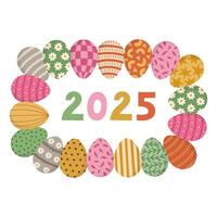 Lovely cartoon Easter 2025 postcard with horizontal rectangle frame with bright patterned eggs and lettering 2025. Vivid border with ornate eggs and hand drawn numbers for poster, social media. vector