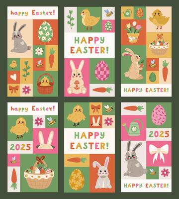 Lovely big set of vertical Easter posters in Bauhaus style with colorful illustration. Trendy collection of geometric, abstract banners, story cover with furry bunny, patterned Easter egg, cute chick.