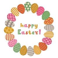 Lovely cartoon postcard with round frame with Easter eggs in bright colors and lowercase lettering Happy Easter. Colourful circle border with ornate eggs and typography for poster, social media. vector