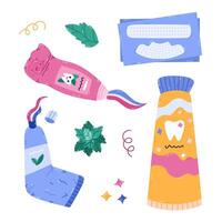 Lovely cartoon set of different toothpastes and teeth stripes for cleaning and whitening enamel. Hand drawn squeezing, rolled up, with closed cap tooth paste tubes isolated on white background. vector