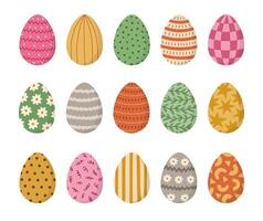 Big cartoon set with lovely Easter egg with geometric, abstract, swirl, flower, striped, checked, polka dot. Hand drawn symbol of Easter egg hunt. Cute painted doodle of isolated on background. vector