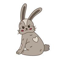 Lovely Easter bunny doodle with heart fur blob on back, turned around with joyful face. Colorful hand drawn fuzzy rabbit sticker for poster, card, design, web. Sign of religious springtime holiday vector