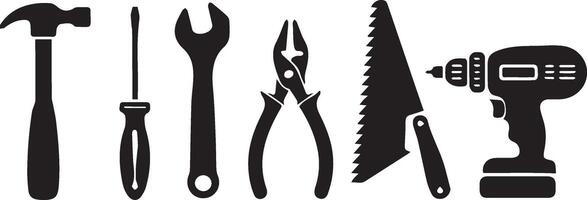 A set of dynamic hardware tools silhouette illustration featuring essential repair and construction tools vector