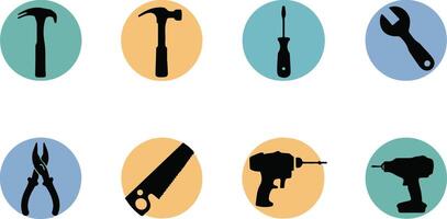 A set of iconic hardware tools silhouette illustration featuring essential repair and construction tools vector