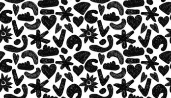 Fun retro seamless pattern with bold geometric bizarre shapes in trendy crayon drawing style. Bold pencil abstract shapes forming a pattern. Trendy black and white design vector