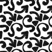 Seamless pattern with bold arrows and squiggle shapes in trendy crayon drawing style. Fun bold crayon arrows shapes pattern. Drawn manual on paper vector