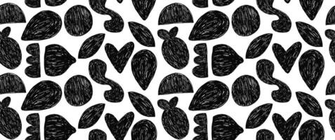Groovy seamless pattern with bold geometric bizarre shapes in trendy crayon drawing style. Bold pencil abstract shapes forming a pattern. Trendy black and white design vector