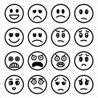 Set of different emoticons showing various facial expressions in black and white vector