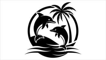 Dolphins Playing in the Ocean with Palm Tree . vector