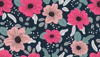 Spring pink flowers seamless pattern on a dark background with grey leaves. Graphic design. vector