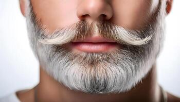 Man gray hair moustache style features, super-thin strip of hair that outlines upper lip in close up macro view on white background photo