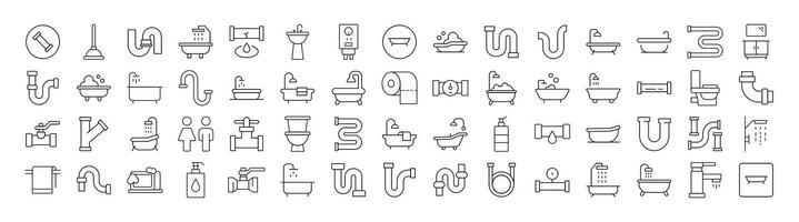 Set of Line Icons of Faucet, Pipes, Bathroom, Toilet. Minimalistic Linear Pictogram for Web and Graphic Design, Apps, Banners, Social Network and Cards vector