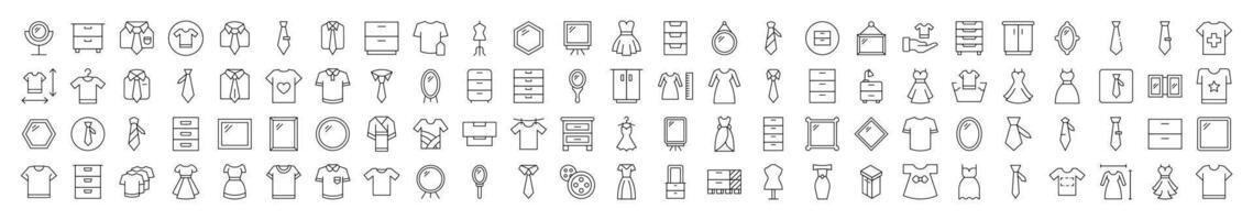 Bundle of Line Icons of Closet, Wardrobe, Mirror, Dress, T Shirt. Editable Stroke. Minimalistic Linear Pictogram for Design of Cards, Apps, Banners, Posts vector