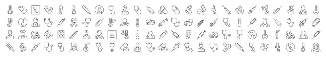 Collection of Signs of Medical Syringe, Stethoscope, Pills, Thermometer, Doctor Drawn with Thin Line for apps, web sites, banners, infographics and other types of design vector