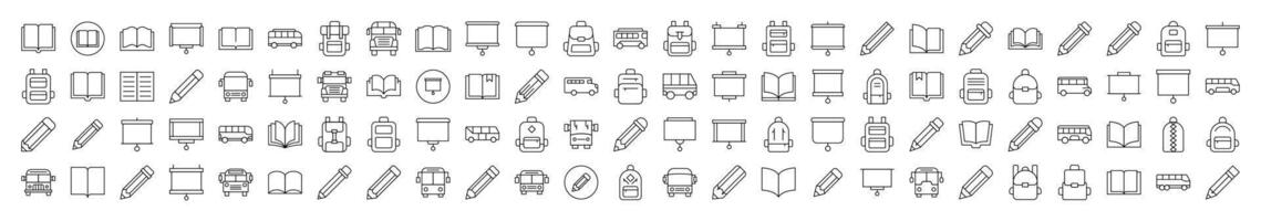 Bundle of Line Icons of Pen, Presentation Board, Bus, School Bag, Book. Editable Stroke. Minimalistic Linear Pictogram for Design of Cards, Apps, Banners, Posts vector
